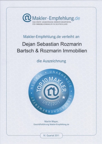 Urkunde: Auszeichnung Top 10 Makler München für Vermietspezialist Bartsch&Rozmarin Immobilien, verli Urkunde: Auszeichnung Top 10 Makler München für Vermietspezialist Bartsch&Rozmarin Immobilien, verli