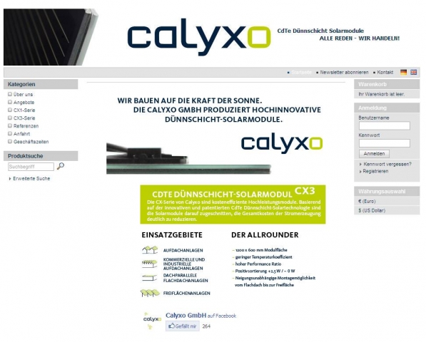 Im Calyxo-Shop können die bewährten CX-Module sowie komplett vorkonfektionierte PV-Anlagen online be Im Calyxo-Shop können die bewährten CX-Module sowie komplett vorkonfektionierte PV-Anlagen online be