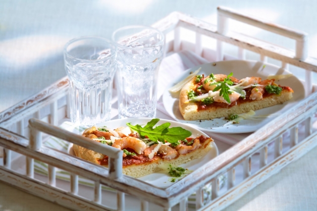 Pizza mit Garnelen&Ruccola-Pistou Pizza mit Garnelen&Ruccola-Pistou