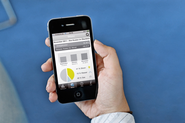Mit der VOLTARIS Energie App kann jederzeit auch von unterwegs der eigene Energieverbrauch eingesehe