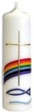 Kerze mit Motiv Kreuz, Regenbogen und Fisch Kerze mit Motiv Kreuz, Regenbogen und Fisch