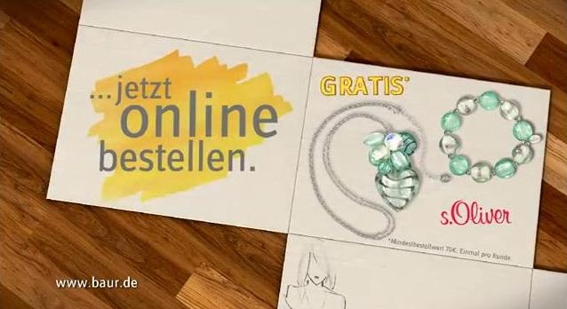 Der neue TV-Spot von Baur zeigt das Schmuck-Set von s.Oliver, das die Kunden kostenfrei erhalten, di