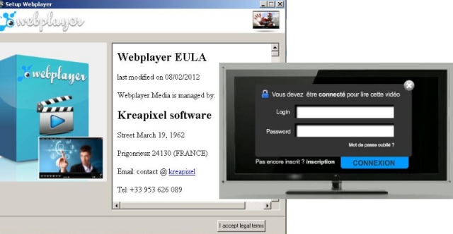 EULA und Login-Fenster des Fake Web Player