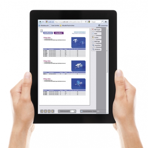 In CODIN® erzeugter Blätterkatalog von Smiths Medical, dargestellt mit einem Tablet-PC In CODIN® erzeugter Blätterkatalog von Smiths Medical, dargestellt mit einem Tablet-PC