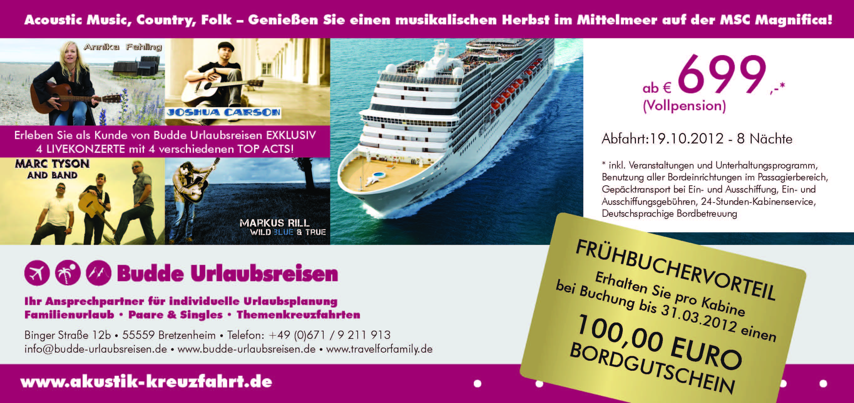 Allgemeine Informationen zur Akustik-Kreuzfahrt im Oktober 2012
