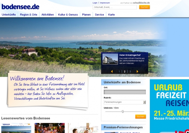 Startseite bodensee.de  Dasüberarbeitete Freizeit- und Tourismusportal Bodensee.de von Schwäbisch Me