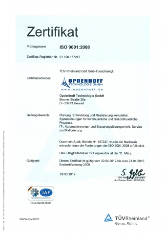 TÜV-Zertifikat der Opdenhoff Technologie GmbH TÜV-Zertifikat der Opdenhoff Technologie GmbH