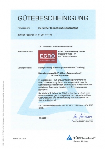 Gütebescheinigung vom TÜV Rheinland für EGRO Direktwerbung GmbH