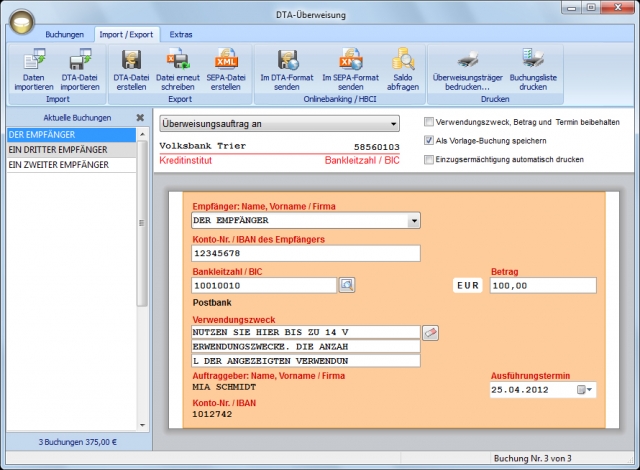 DTA-Überweisung V7 von JAM Software bietet eine komfortable Benutzeroberfläche in Ribbon-Optik. DTA-Überweisung V7 von JAM Software bietet eine komfortable Benutzeroberfläche in Ribbon-Optik.