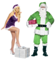 Miss Santa in Lila und der Weihnachtsmann in Grün