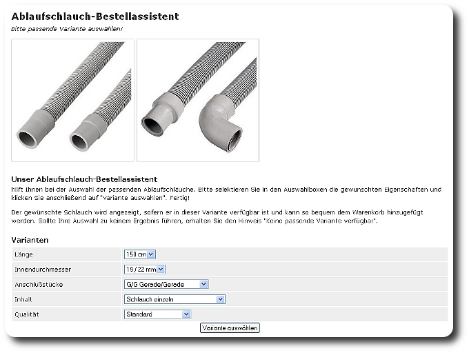Bestellassistent für Ablaufschläuche Bestellassistent für Ablaufschläuche