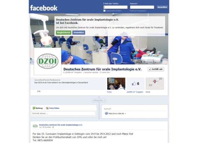 Das Deutsche Zentrum für orale Implantologie e. V. hat jetzt auch eine eigene Facebook-Seite. Das Deutsche Zentrum für orale Implantologie e. V. hat jetzt auch eine eigene Facebook-Seite.