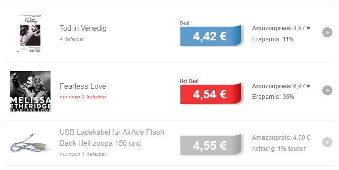 Je nach Höhe der Ersparnis werden die Deals in verschiedenen Farben angezeigt. Je nach Höhe der Ersparnis werden die Deals in verschiedenen Farben angezeigt.