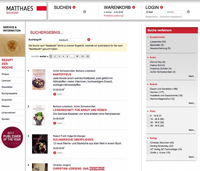 Die Suche auf Matthaes-Buchshop liefert auch bei Tippfehlern relevante Ergebnisse.