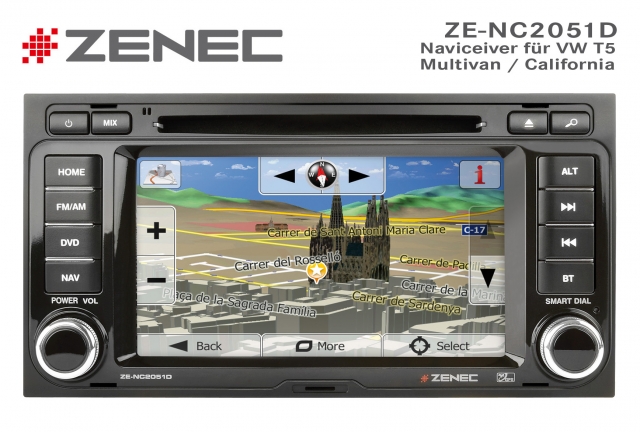 Zenec ZE-NC2051D: Multimedia-Festeinbaunavigation für VW T5 Multivan / California Zenec ZE-NC2051D: Multimedia-Festeinbaunavigation für VW T5 Multivan / California