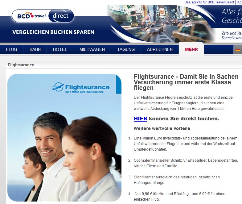 Geschäftsreisende können über BCD Travel Direct den Flightsurance Flugreiseschutz abschließen.