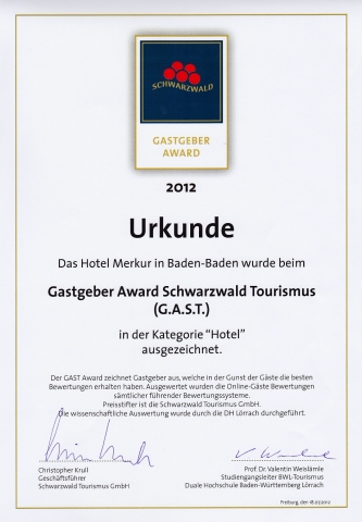 Urkunde für den Gastgeber-Award des Schwarzwalds