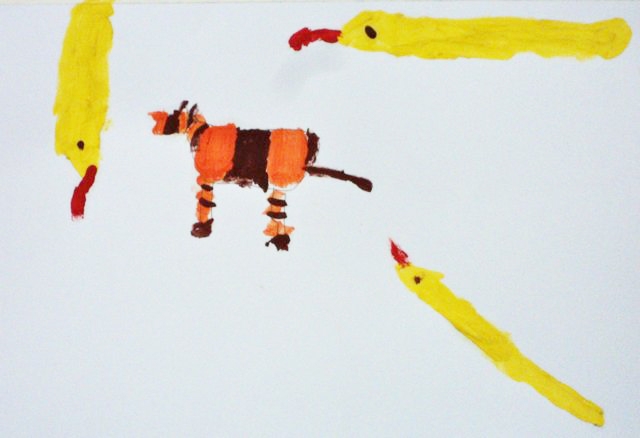 ?Der Tiger und seine drei Freunde, die Schlangen spielen?, kommentiert der 7-jährige Florian sein Bi ?Der Tiger und seine drei Freunde, die Schlangen spielen?, kommentiert der 7-jährige Florian sein Bi