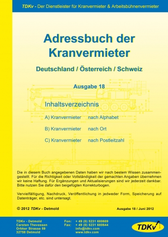 Das TDKv Adressbuch der Kranvermieter, Ausgabe 18 Das TDKv Adressbuch der Kranvermieter, Ausgabe 18