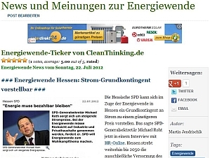 Neuer Service des Online-Wirtschaftsmagazins CleanThinking: Energiewende-Ticker Neuer Service des Online-Wirtschaftsmagazins CleanThinking: Energiewende-Ticker