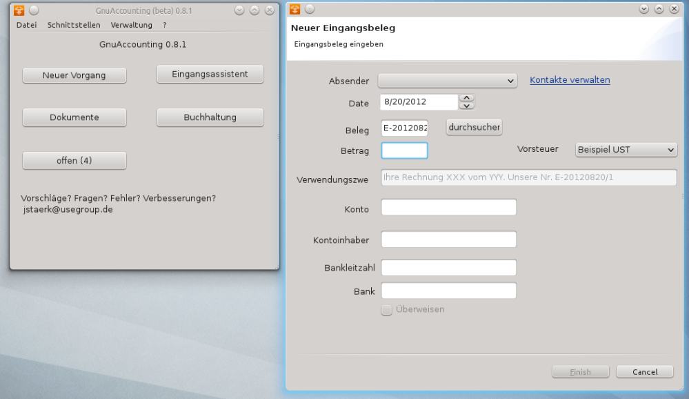 Der neue Eingangsassistent von Gnuaccounting 0.8.1 Der neue Eingangsassistent von Gnuaccounting 0.8.1