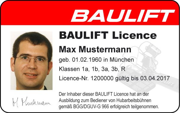 Die BAULIFT Licence zum Beleg der Unterweisung in das Bedienen von Arbeitsbühnen Die BAULIFT Licence zum Beleg der Unterweisung in das Bedienen von Arbeitsbühnen