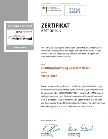 Web2Touch ZERTIFIKAT BEST OF 2012 eLearning beim INNOVATIONSPREIS-IT