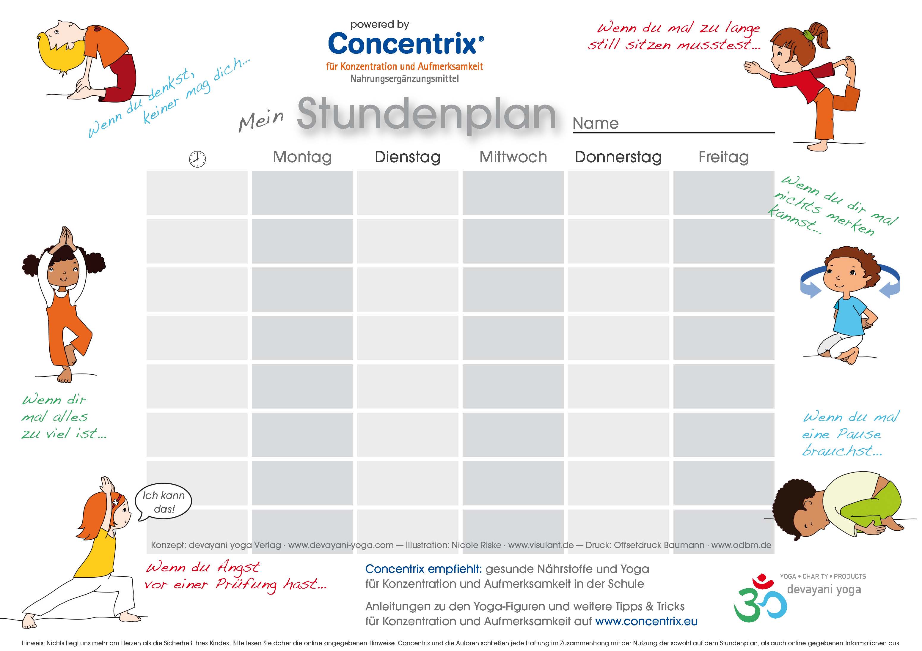 gratis Stundenplan mit Yogafiguren für Kinder von devayani yoga und Concentrix