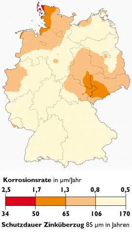 Mit Hilfe der Zinkkorrosionskarte kann die rechnerische Schutzdauer einer Feuerverzinkung bestimmt w Mit Hilfe der Zinkkorrosionskarte kann die rechnerische Schutzdauer einer Feuerverzinkung bestimmt w