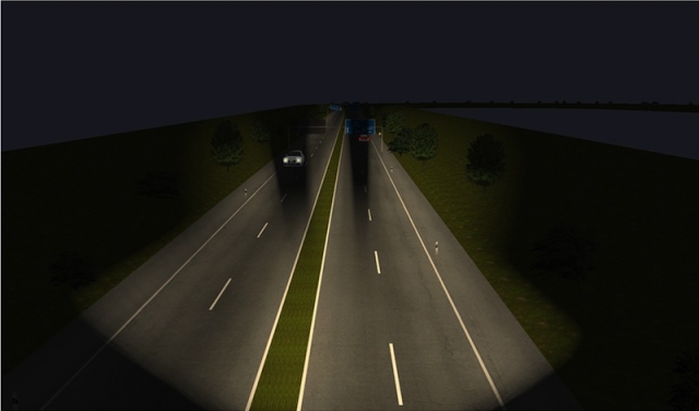 Der LED-Matrix-Scheinwerfer blendet entgegenkommende oder vorausfahrende Fahrzeuge automatisch aus, Der LED-Matrix-Scheinwerfer blendet entgegenkommende oder vorausfahrende Fahrzeuge automatisch aus,