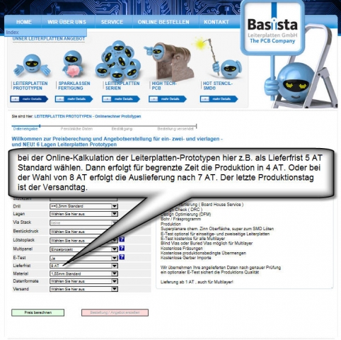 Leiterplatten-Prototypen Online-Kalkulation bei Basista-Leiterplatten GmbH mit verkürzten Lieferfris