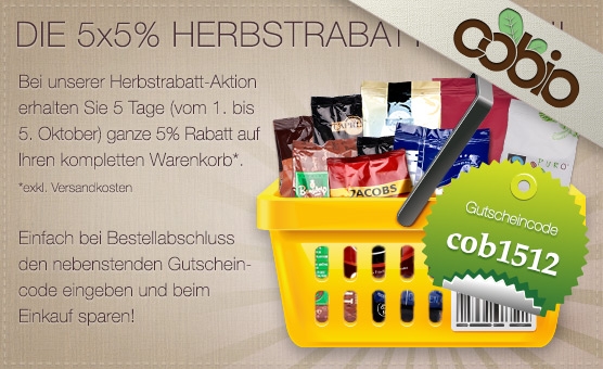 cobio.de 5x5% Herbstrabatt vom 1. bis 5. Oktober 2012 cobio.de 5x5% Herbstrabatt vom 1. bis 5. Oktober 2012
