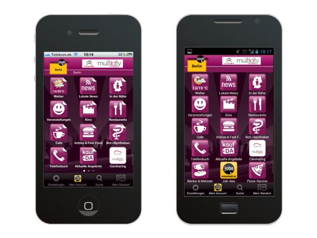 Beispiel für ein Komplett-Branding der App von meinestadt.de in Berlin. Beispiel für ein Komplett-Branding der App von meinestadt.de in Berlin.