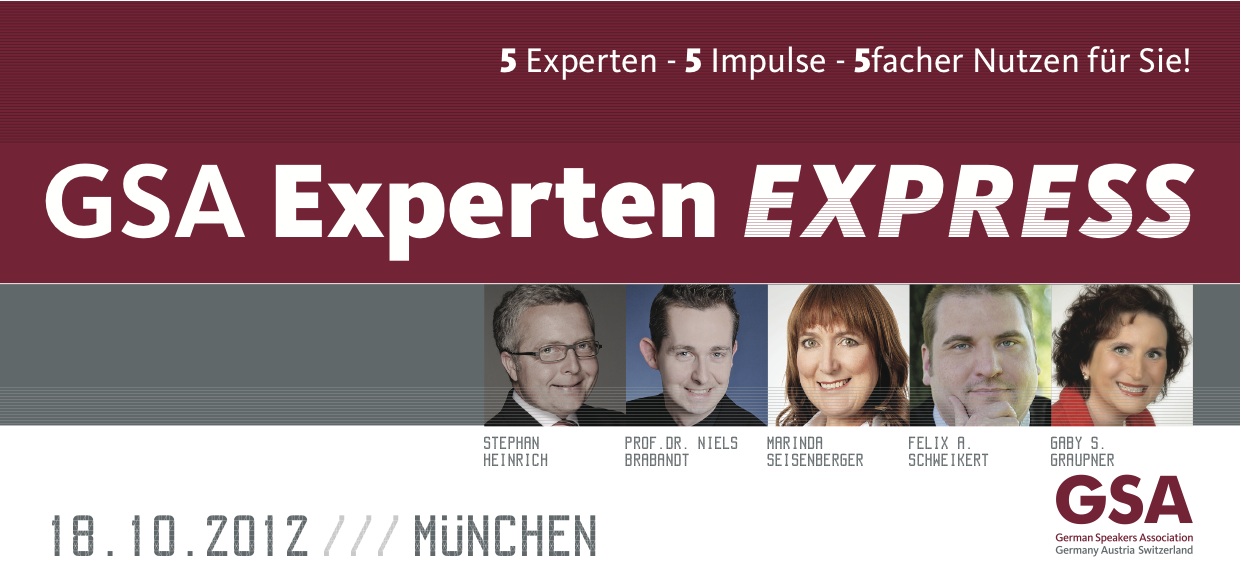 GSA Experten Express mit Gaby S. Graupner, Stephan Heinrich, Niels Brabandt Vortragsabend der Spitze GSA Experten Express mit Gaby S. Graupner, Stephan Heinrich, Niels Brabandt Vortragsabend der Spitze