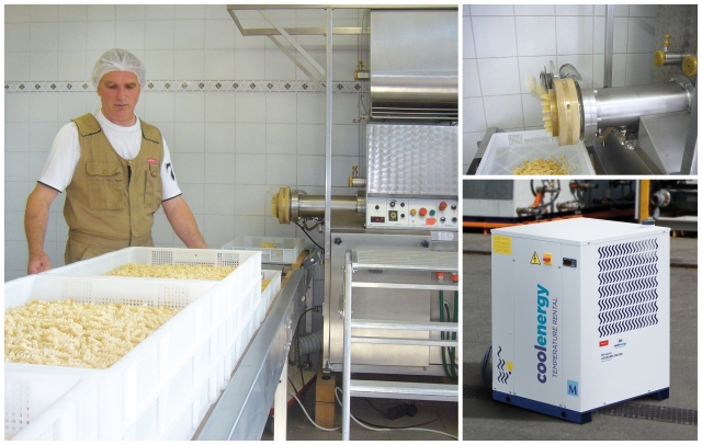 Dinkelnudelhersteller Moser kühlt mit einem Kaltwassersatz den Presskopf seiner Produktionsmaschine. Dinkelnudelhersteller Moser kühlt mit einem Kaltwassersatz den Presskopf seiner Produktionsmaschine.