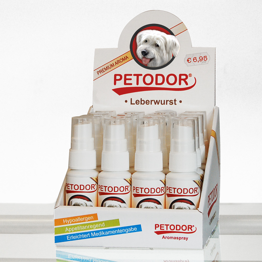 Petodor Aromaspray Leberwurst im kompakten Thekendisplay