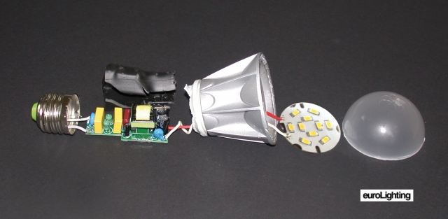 Hightech-Innenleben einer LED-Retrofit-Lampe (Quelle: euroLighting) Hightech-Innenleben einer LED-Retrofit-Lampe (Quelle: euroLighting)