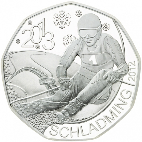 Start frei für die offizielle 5-Euro-Silbermünze zur FIS alpinen Ski-WM 2013 in Schladming. Start frei für die offizielle 5-Euro-Silbermünze zur FIS alpinen Ski-WM 2013 in Schladming.