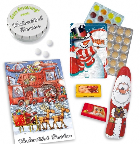 Süßigkeiten wie Adventskalender oder Schokoladenweihnachtsmänner als Werbeartikel