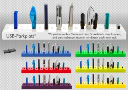 Der “USB-Parkplatz ®“ in unterschiedlicher Einfärbung mit Druck und Gravur. Der “USB-Parkplatz ®“ in unterschiedlicher Einfärbung mit Druck und Gravur.