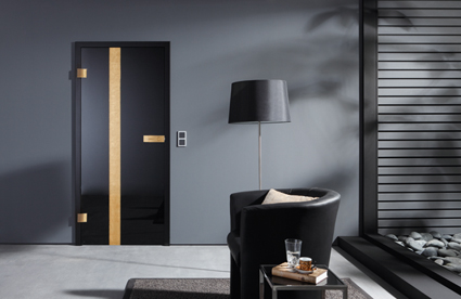 Foto: Glastür Serie Metallon Modell Aurum Solid black mit 24 Karat Blattgold. Foto: Dorma Foto: Glastür Serie Metallon Modell Aurum Solid black mit 24 Karat Blattgold. Foto: Dorma