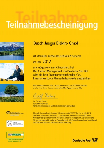 Mit diesem Zertifikat ist es amtlich. In Sachen Klimaschutz arbeitet Busch-Jaeger mit der Deutschen 