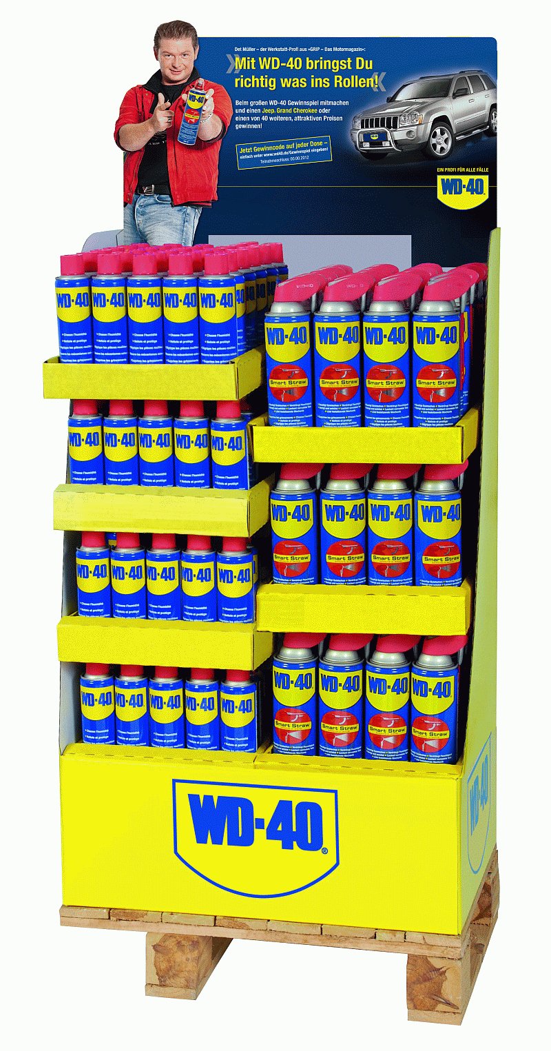 Dosen mit Teilnahmecodes: Aktionsaufsteller zur aktuellen WD-40-Gewinnspielaktion Dosen mit Teilnahmecodes: Aktionsaufsteller zur aktuellen WD-40-Gewinnspielaktion