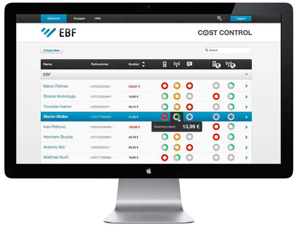 Mit EBF.Cost Control können Unternehmen das Daten-Roaming mobiler Endgeräte wirksam senken. Mit EBF.Cost Control können Unternehmen das Daten-Roaming mobiler Endgeräte wirksam senken.