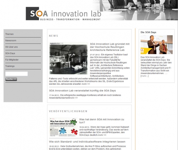 Die Homepage der neuen Website des SOA Innovation Lab Die Homepage der neuen Website des SOA Innovation Lab