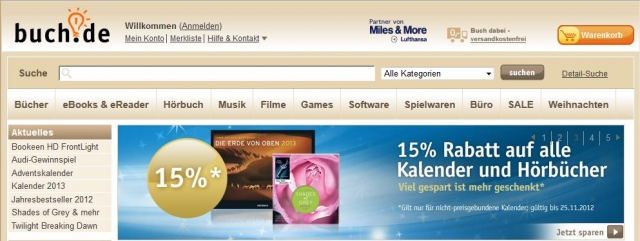 15 Prozent sparen beim Kauf von Hörbüchern und Kalendern auf www.buch.de