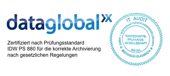 dataglobal zertifiziert nach Prüfungsstandard IDW PS880 für die korrekte Archivierung