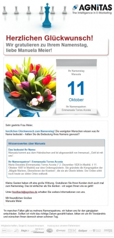 Kundenmailings zum Namenstag können individuell im Unternehmens-Design gestaltet werde