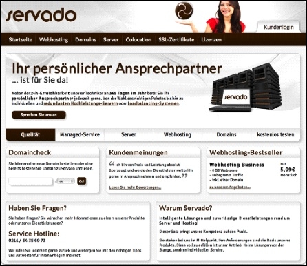Dieübersichtlich gestaltete Servado-Homepage.