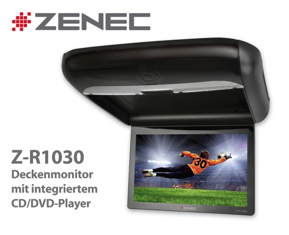 Zenec Z-R1030: Flexibler Deckenmonitor mit CD/DVD-Player, 2 USB-Ports, SD/MMC-Kartenleser